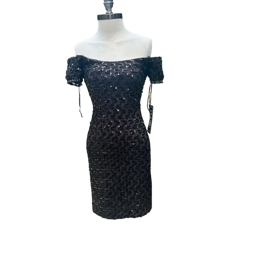 Vintage 80s/90s LBD Black Dress De.Laru Off Shoulder Embellished Beaded Glam